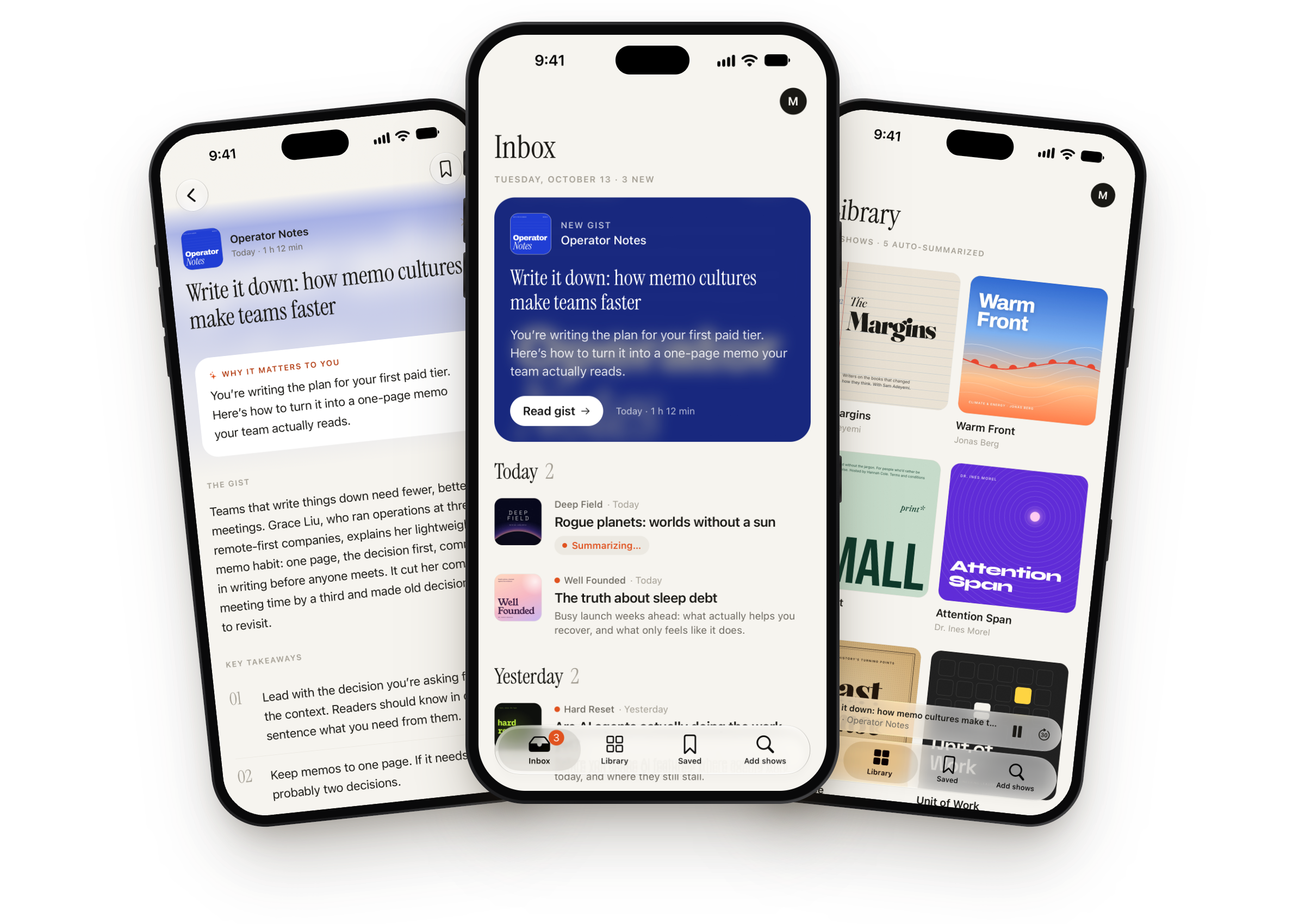 Three iPhones running Podstill: a personal gist of a podcast episode, the inbox with a new gist, and the library of followed shows.