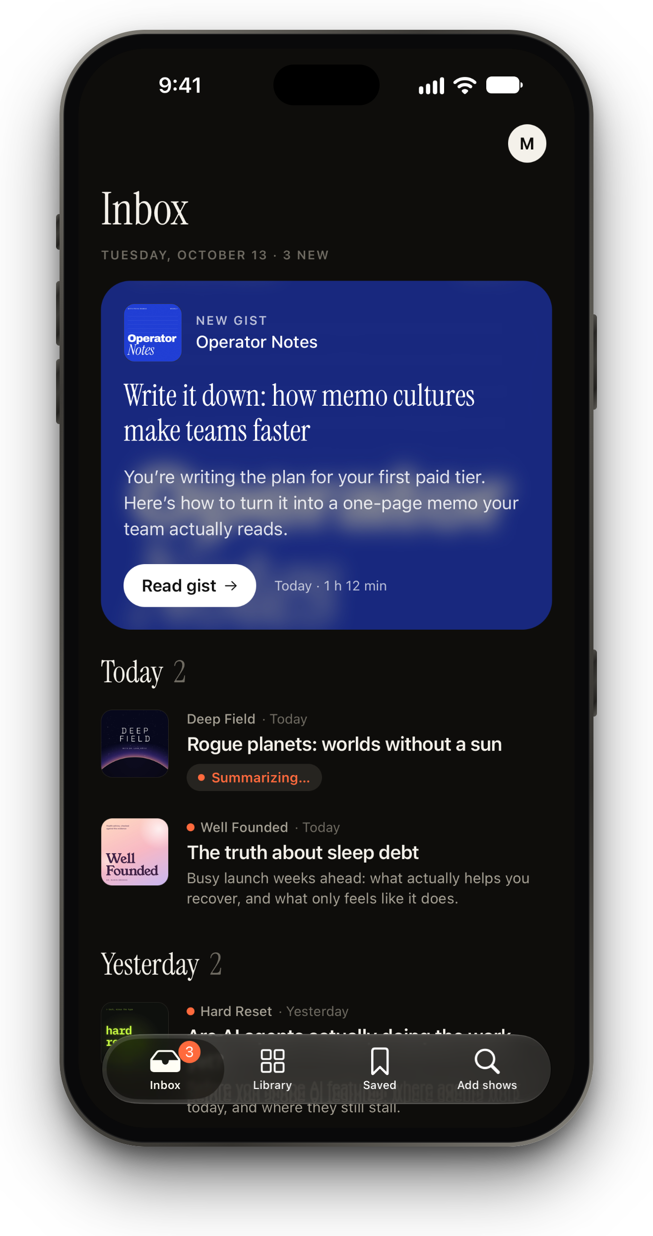 The Podstill inbox in the dark theme.