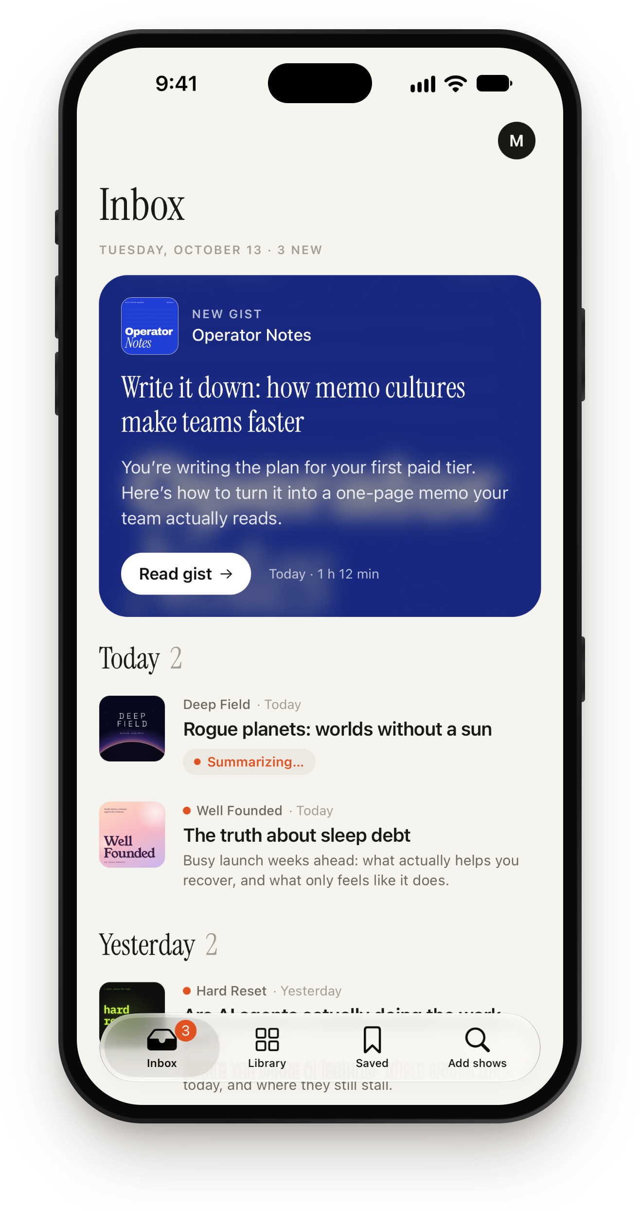 The Podstill inbox in the light theme.
