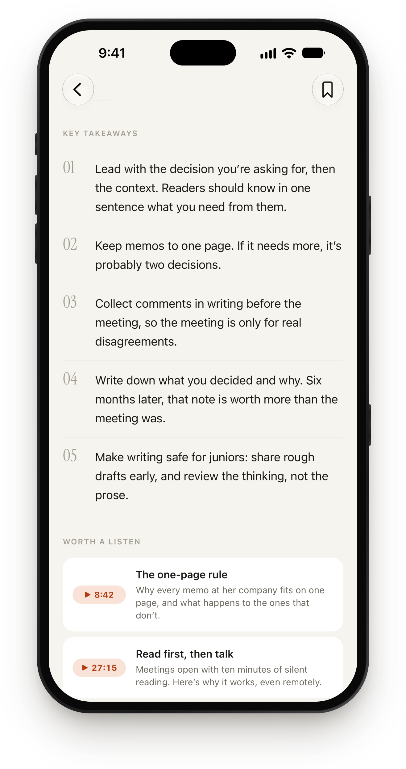 Numbered key takeaways from a podcast episode, as shown in Podstill.