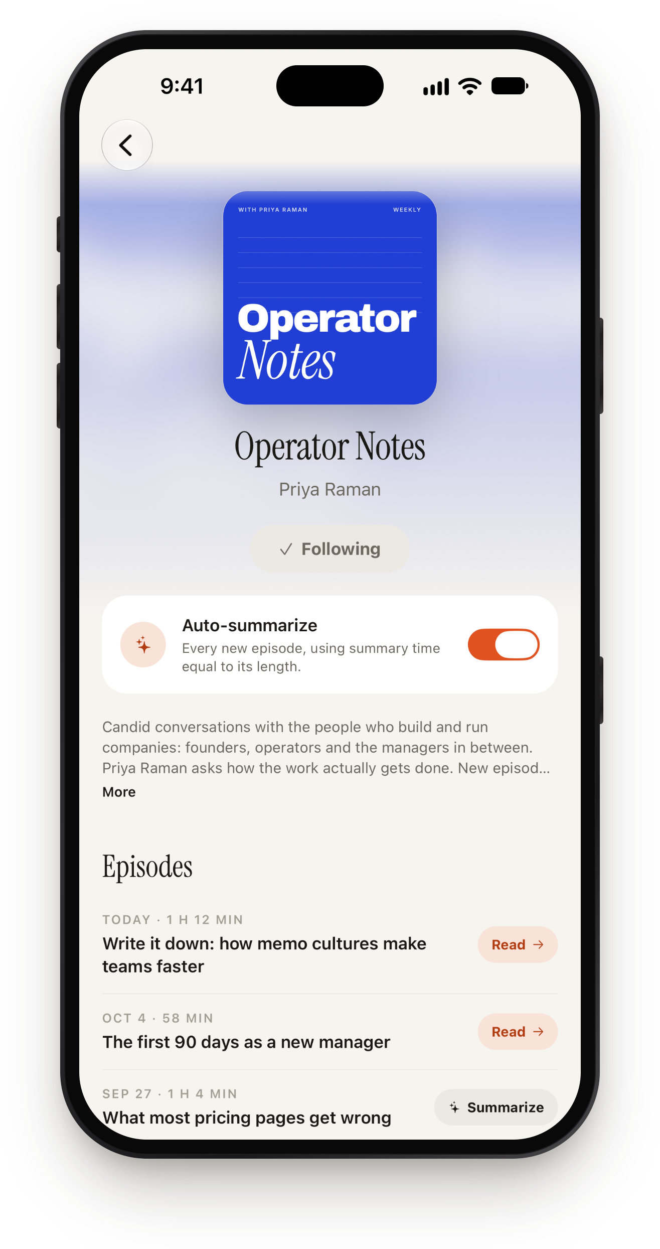 A podcast's page in Podstill with auto-summarize switched on and a list of recent episodes.