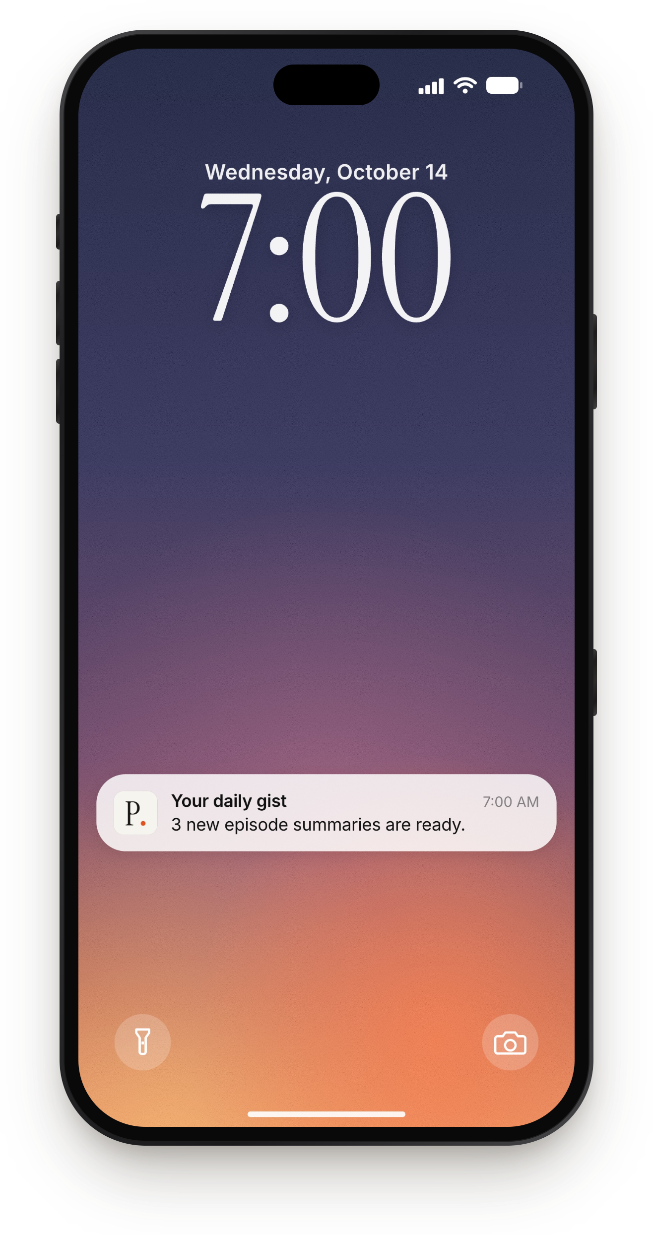 An iPhone lock screen with the Podstill daily digest: 3 new episode summaries are ready.